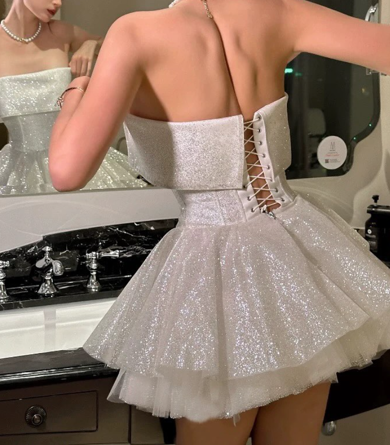 Shiny A Line Strapless White Sequin Homecoming Dress Cocktail Dress SH3213