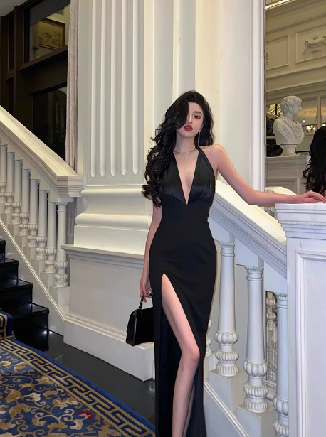 Vestido negro de sirena sexy con cuello halter y espalda descubierta para fiesta de cumpleaños número 21, ideas para vestidos de cumpleaños para mujeres (DP2315)