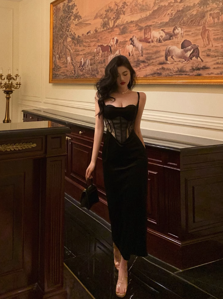 Vestido negro sexy de sirena con tirantes finos para cumpleaños número 18, ideas para vestidos de cumpleaños para mujeres (DP2321)
