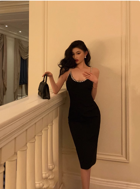 Vestido negro sexy con tirantes finos para 21 cumpleaños, ideal para fiestas, atuendos de cumpleaños, ideas para vestidos de cumpleaños para mujeres (DP2318)