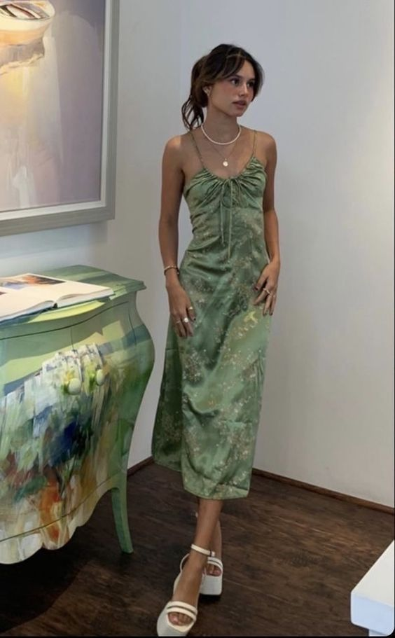 Green Vintage Printed Satin Party Dress Midi Length Formal Prom Dress SH1246