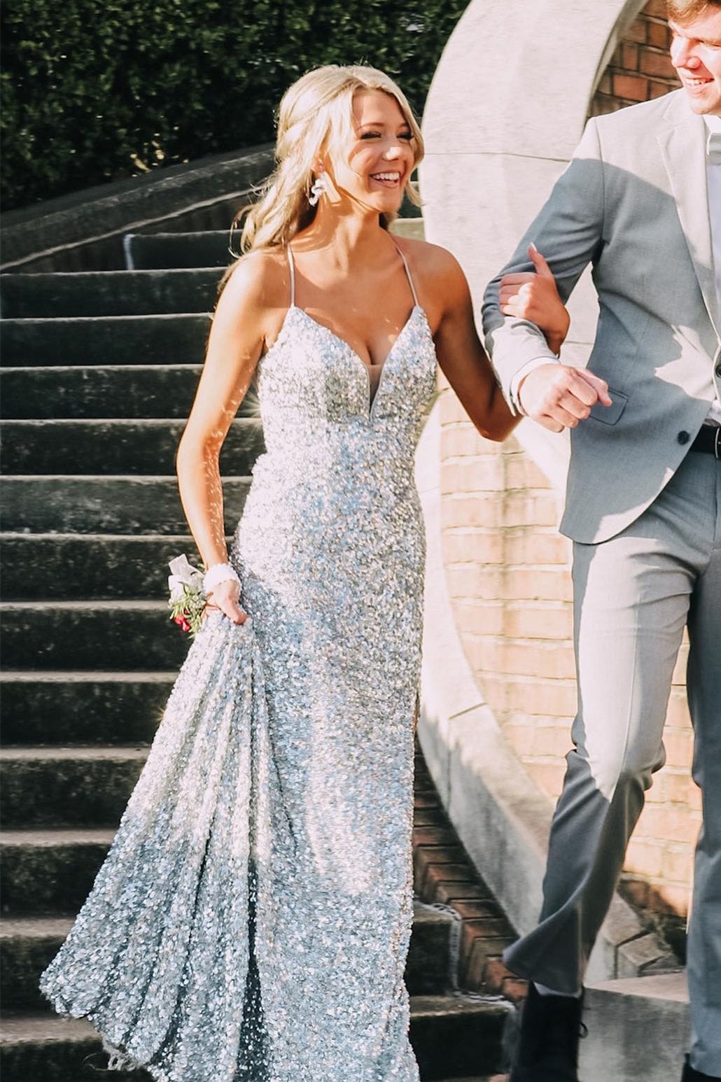 Silver Sequin Mermaid Long Prom Dresses, Backless Evening Gown GP215