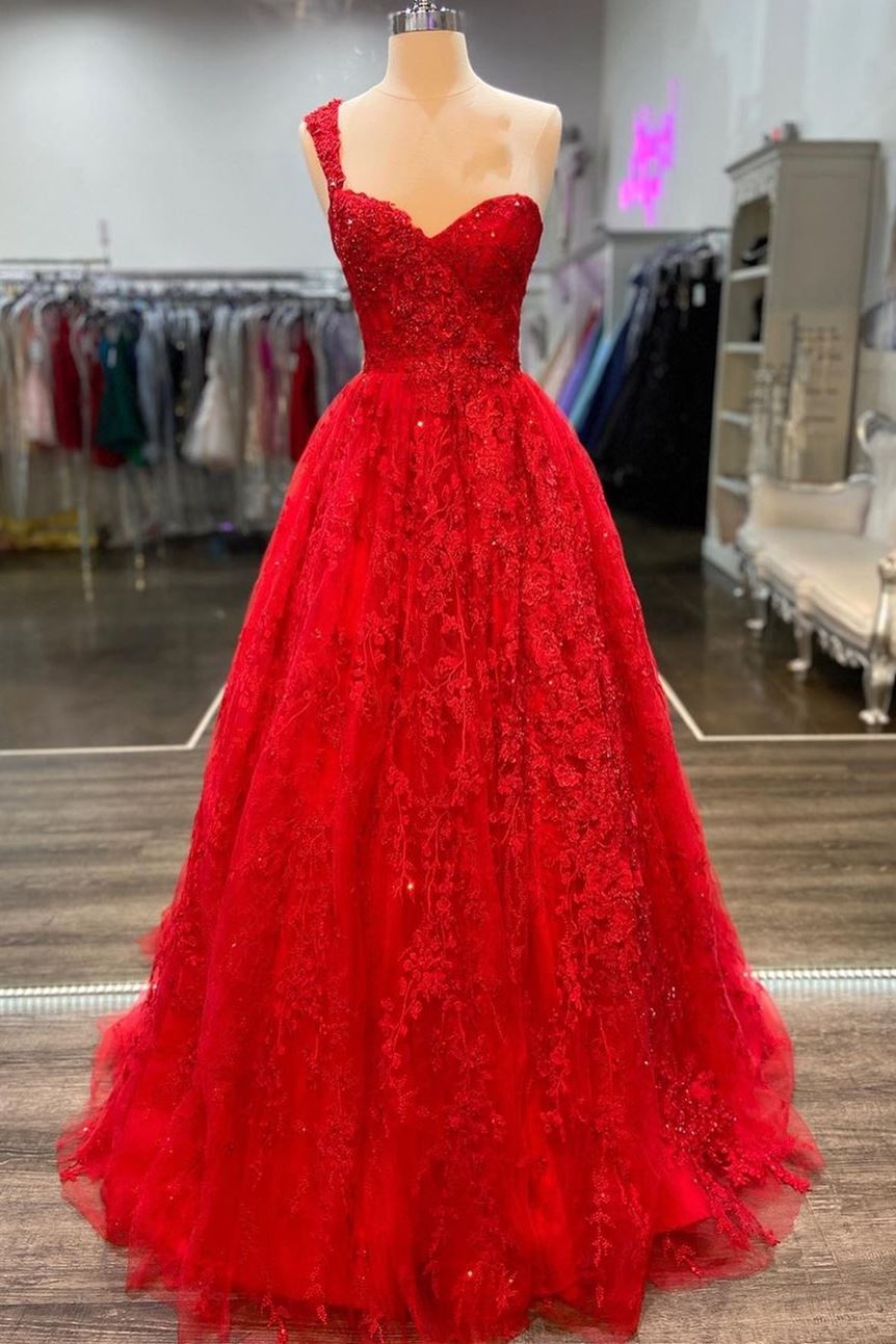 Vestido de noche formal de tul con apliques en forma de A, color rojo, de un solo hombro