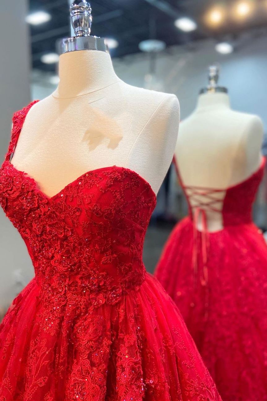 Vestido de noche formal de tul con apliques en forma de A, color rojo, de un solo hombro