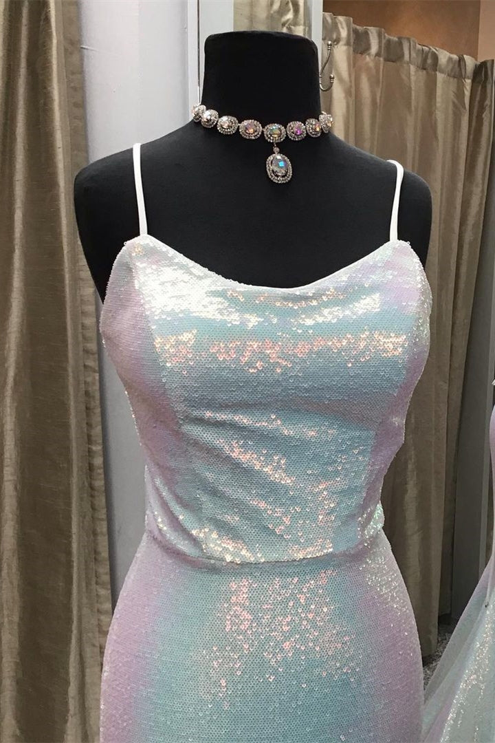 Vestidos de fiesta largos de sirena con lentejuelas y tirantes finos brillantes