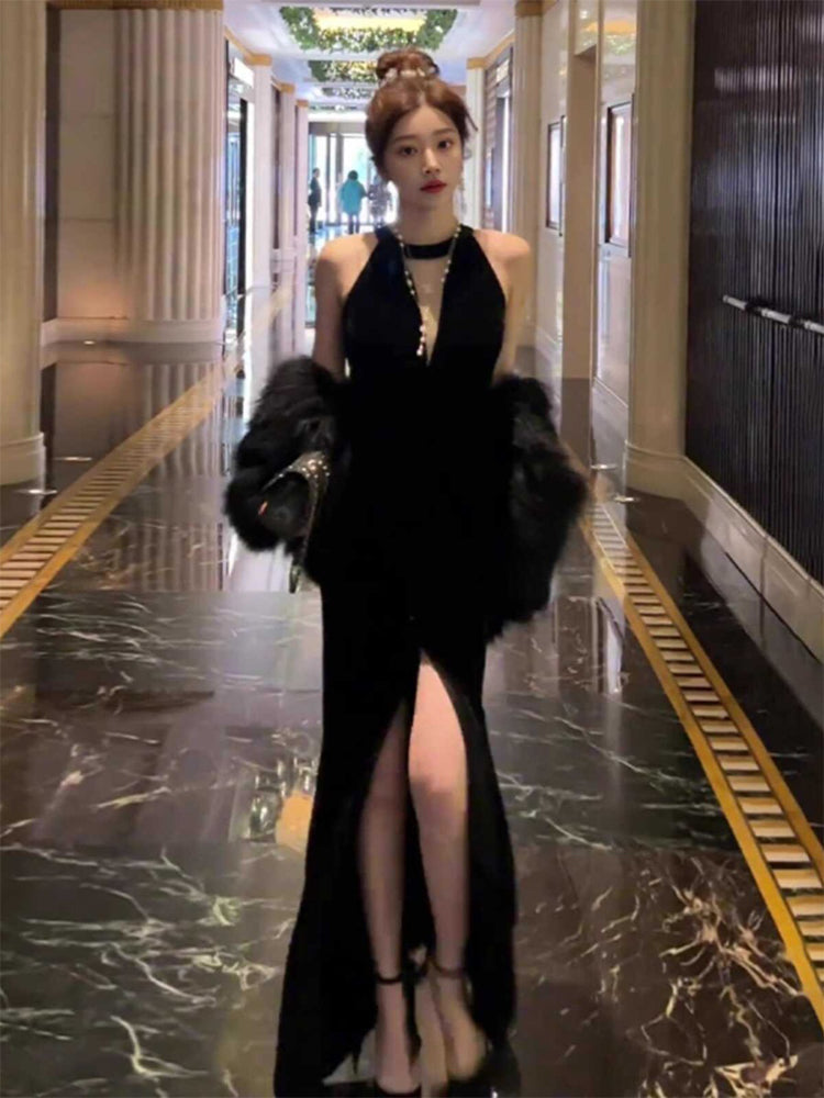 Elegante vestido de fiesta largo de terciopelo negro con escote redondo y corte sirena, ideal para celebrar el 22.º cumpleaños de verano o el 18.º cumpleaños, DH1042