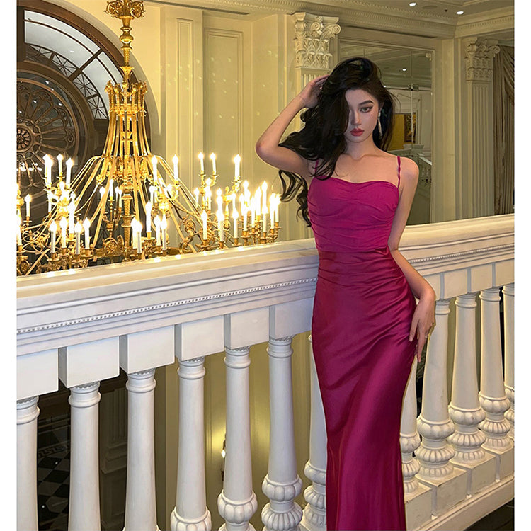 Elegante vestido de fiesta largo de sirena con tirantes finos en rosa intenso, vestido de fiesta de verano para 22 cumpleaños, vestidos para 18 cumpleaños DH1046