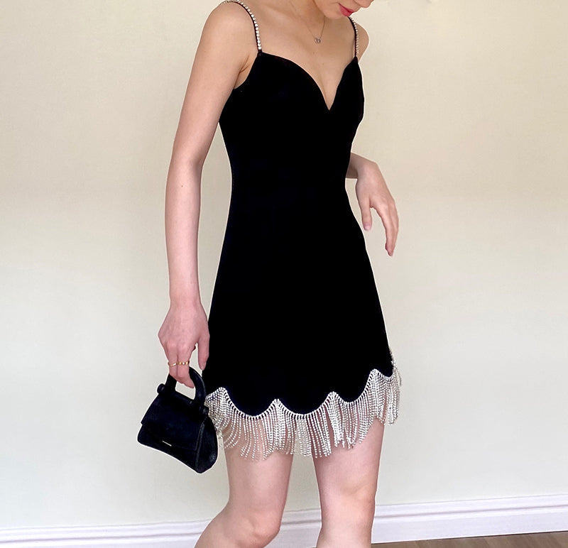 Vestido corto de satén negro con tirantes finos, sexy, para fiesta de 8.º grado, de verano, para escuela secundaria, DH1093