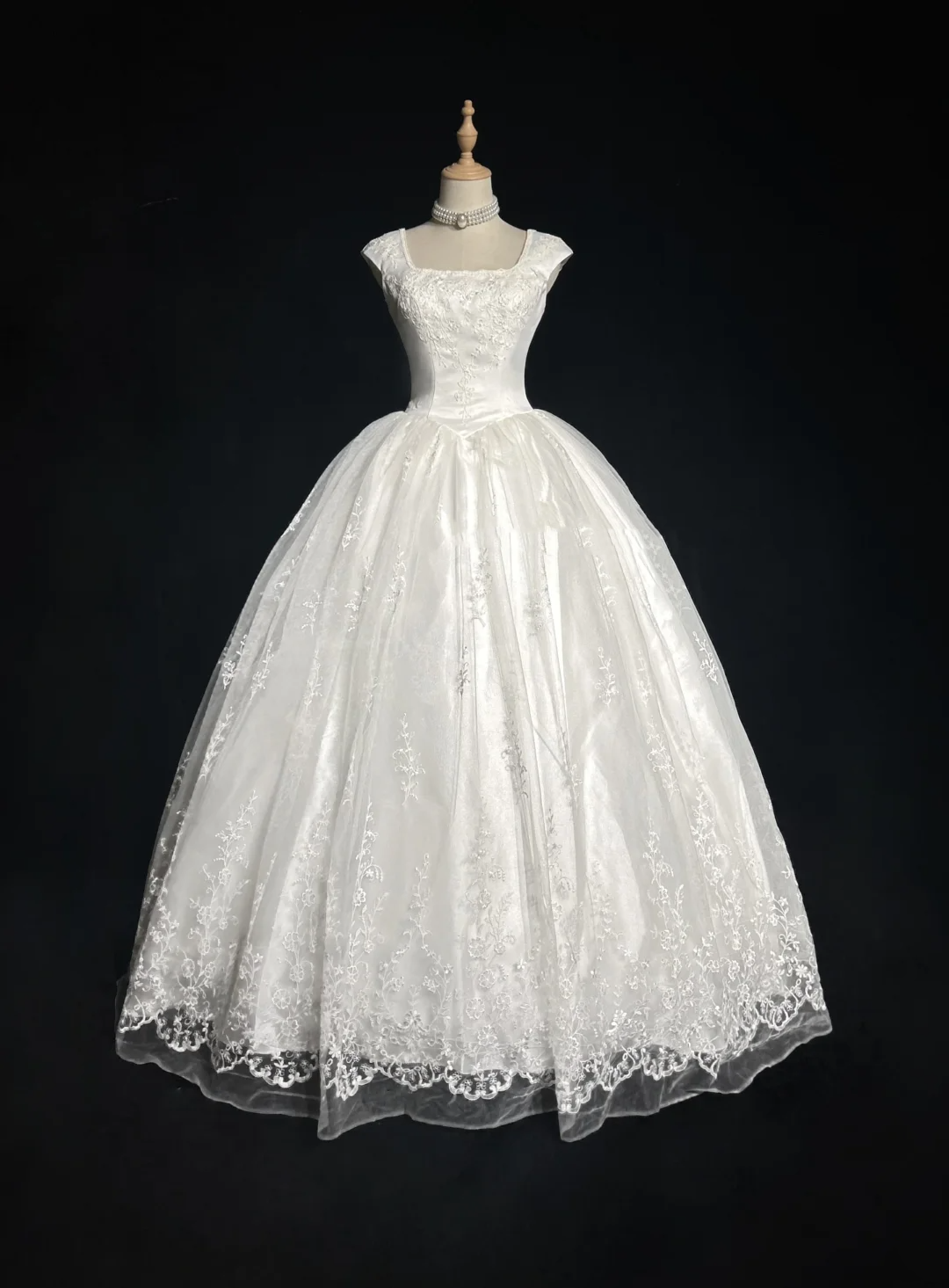 Vestido de novia vintage, vestido de fiesta, escote cuadrado, sin mangas, tul, encaje, largo, blanco, años 70, elegante, DH1104