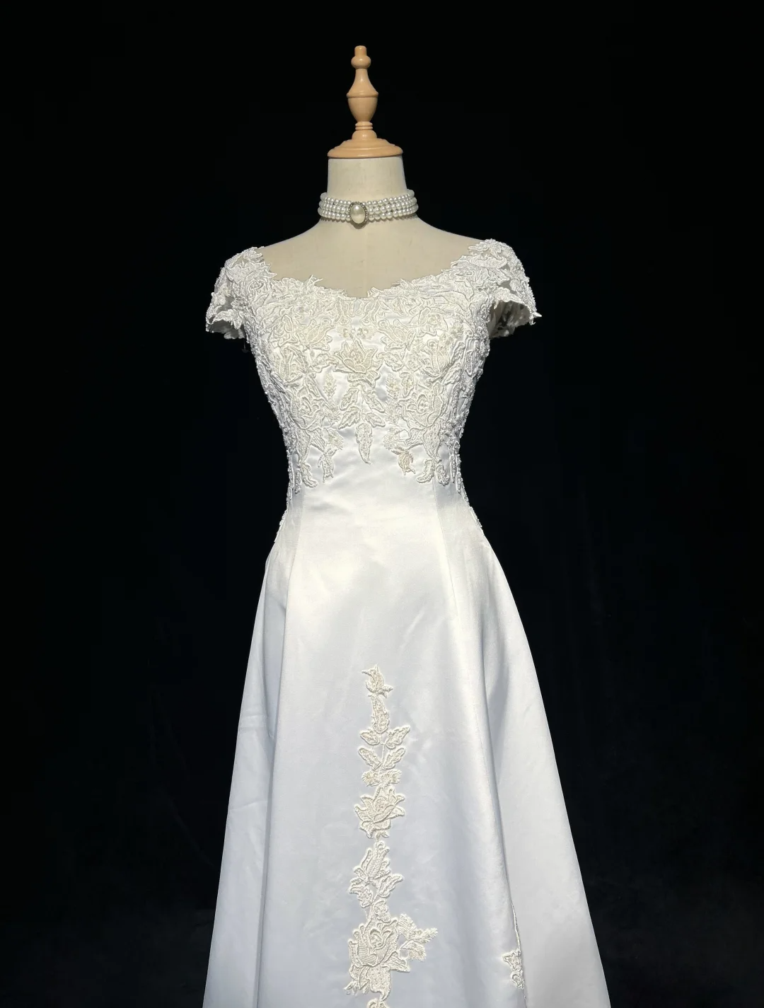 Vestido de novia vintage de los años 60, corte A, escote en V, mangas cortas, encaje, perlas, largo blanco, elegante, años 90, DH1109