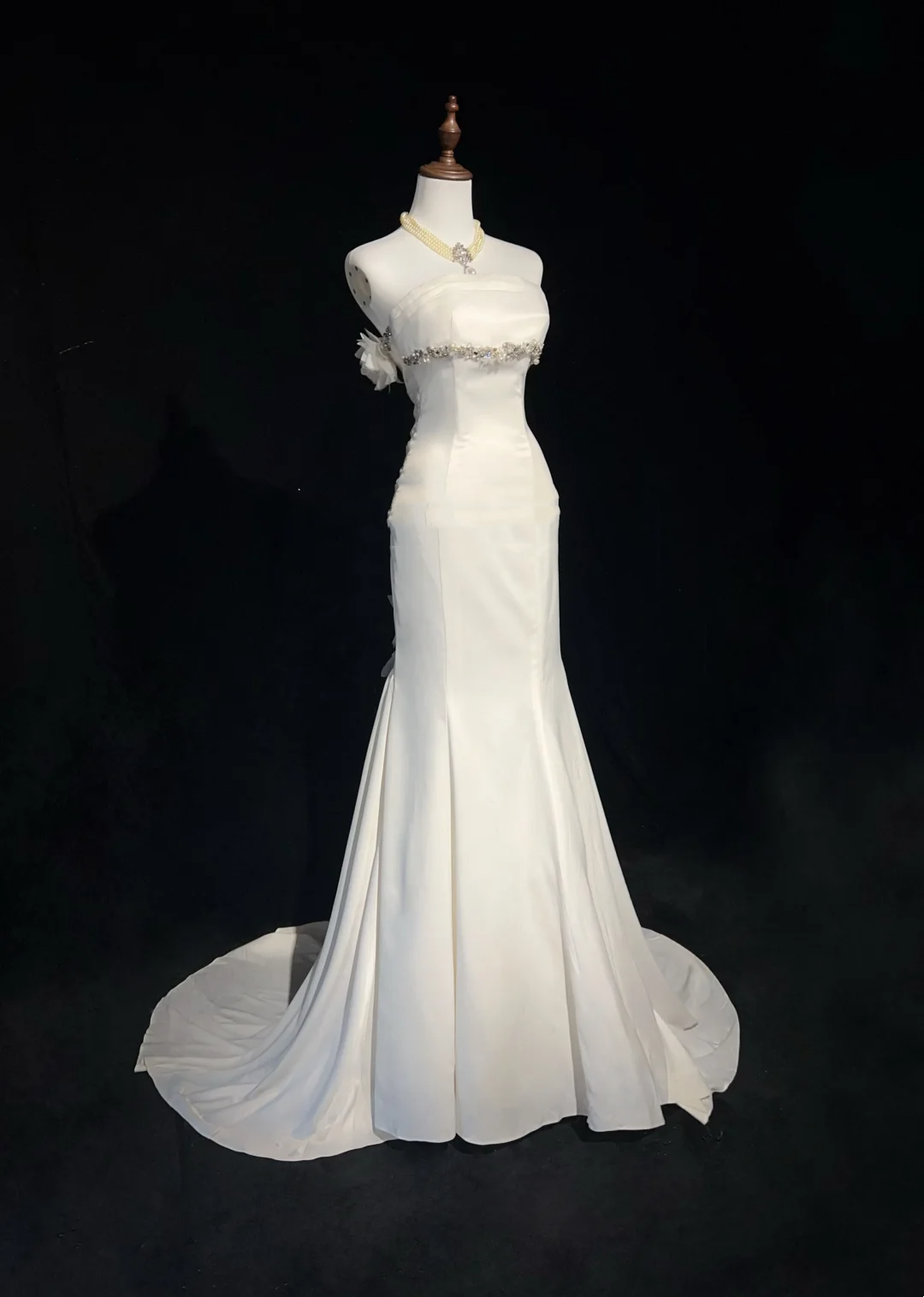 Vestido de novia único de corte sirena, sin tirantes, de gasa, blanco, años 50, modesto, DH1114