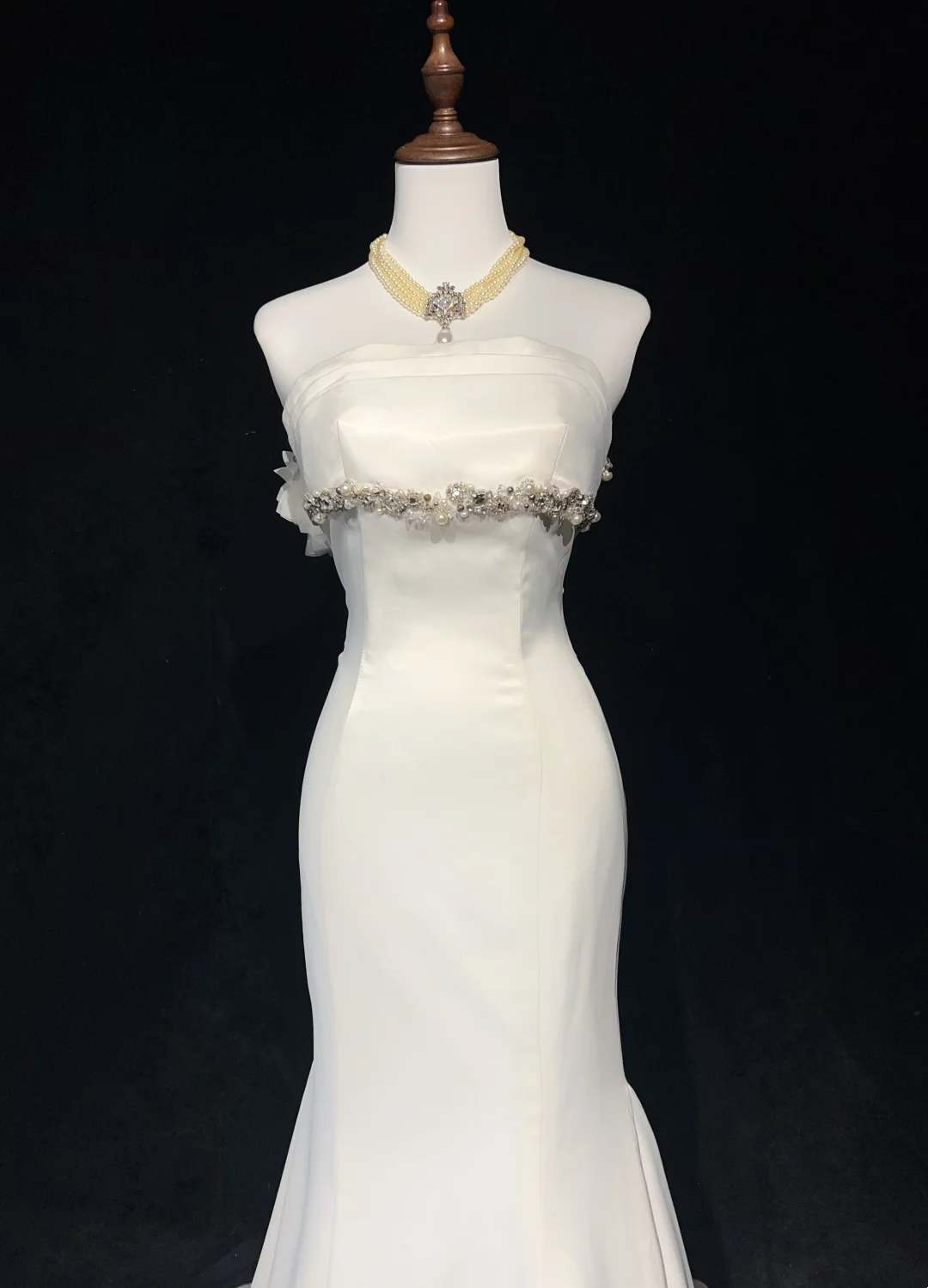 Vestido de novia único de corte sirena, sin tirantes, de gasa, blanco, años 50, modesto, DH1114
