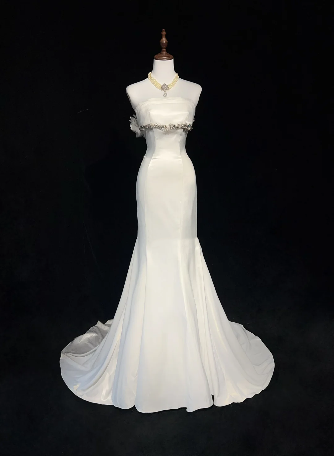 Vestido de novia único de corte sirena, sin tirantes, de gasa, blanco, años 50, modesto, DH1114
