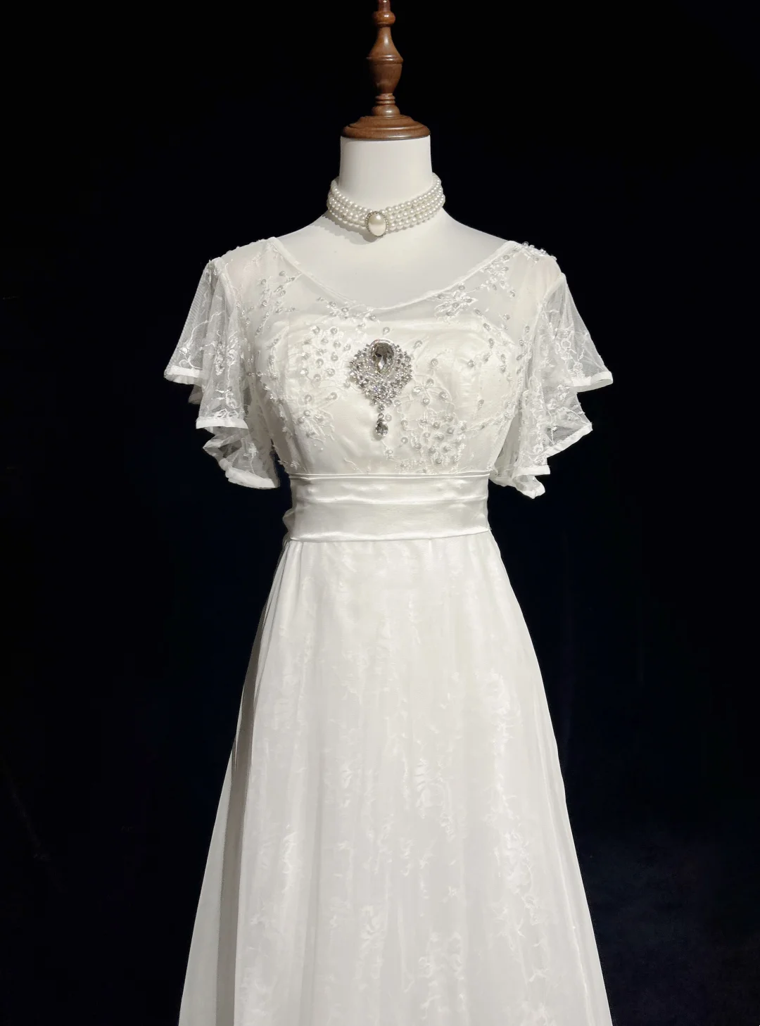 Vestido de novia vintage de los años 60, corte A, escote en V, mangas cortas, encaje, cuentas, largo, blanco, años 90, elegante, DH1118