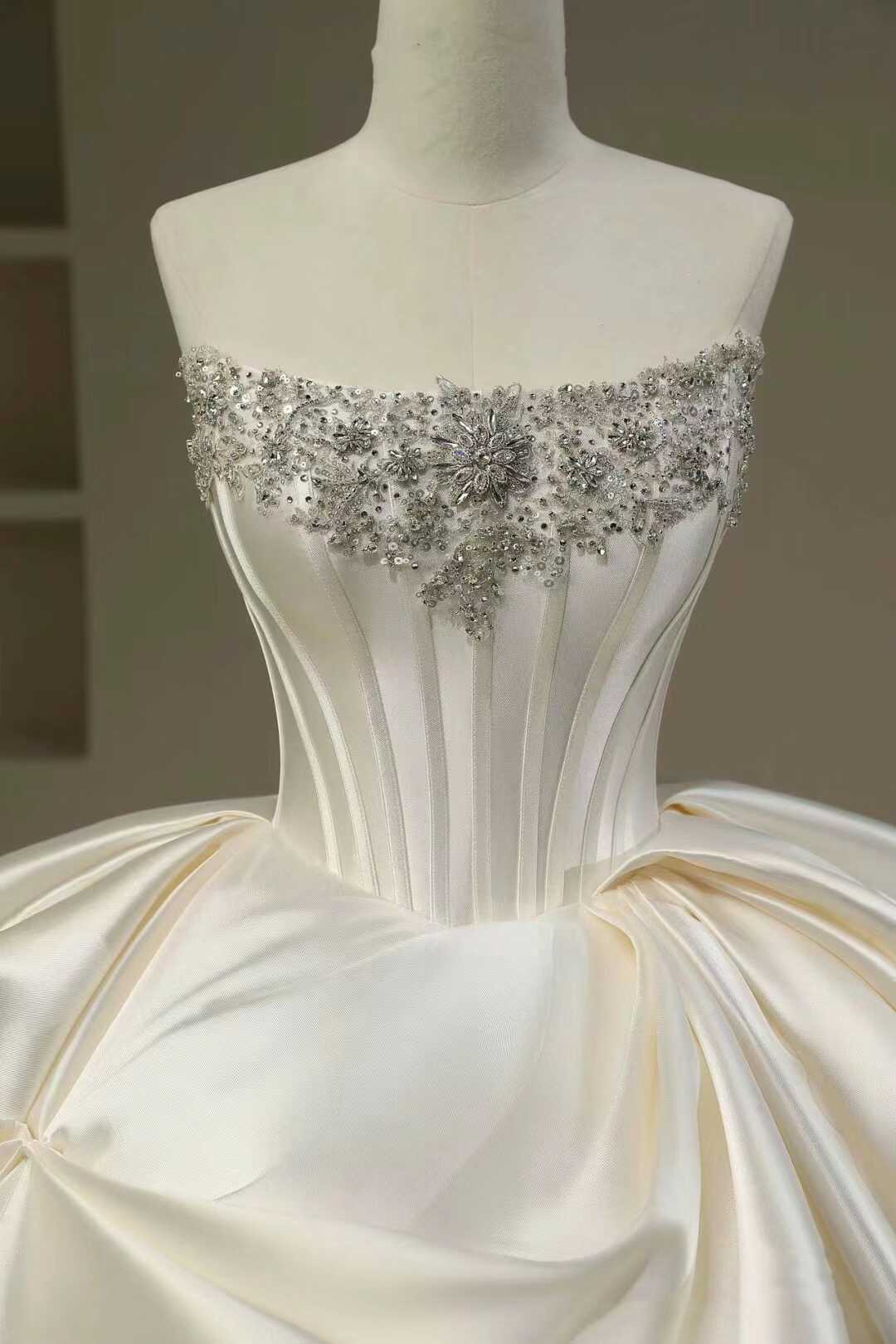 Hermoso vestido de novia, vestido de fiesta, sin tirantes, blanco, largo, de satén, vestidos de novia, vestido de novia DH111