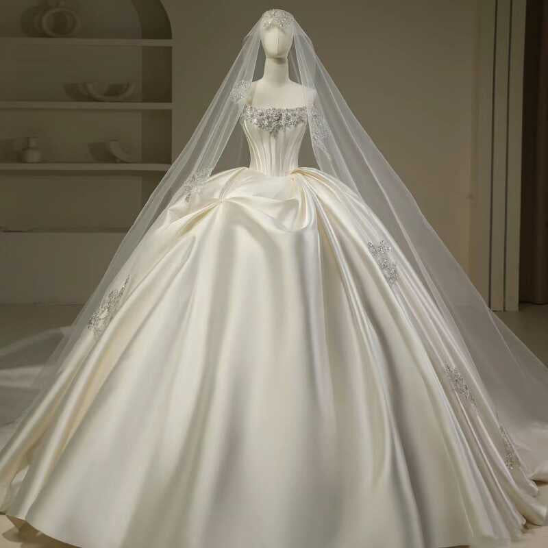 Hermoso vestido de novia, vestido de fiesta, sin tirantes, blanco, largo, de satén, vestidos de novia, vestido de novia DH111