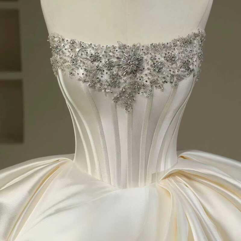Hermoso vestido de novia, vestido de fiesta, sin tirantes, blanco, largo, de satén, vestidos de novia, vestido de novia DH111