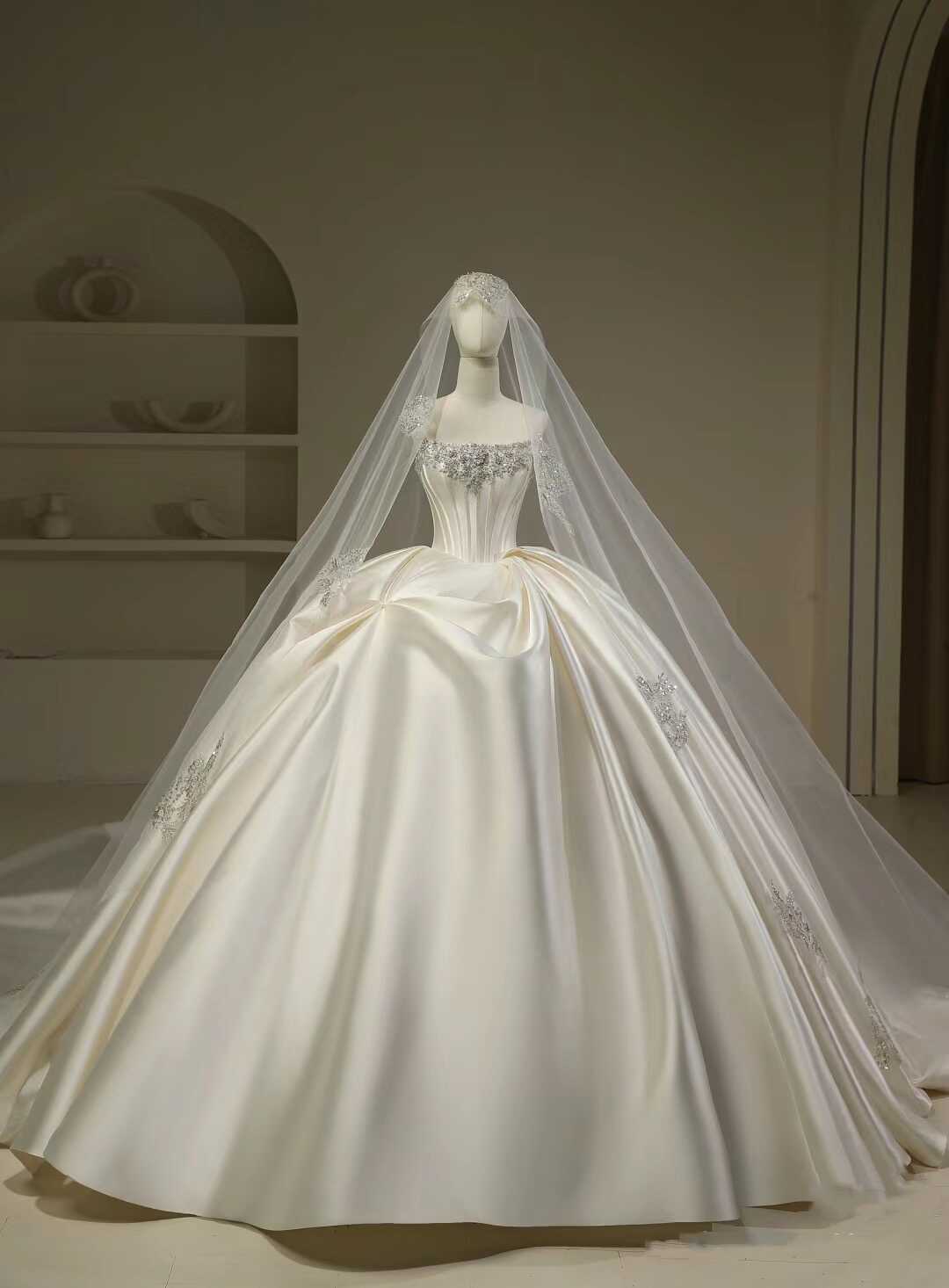 Hermoso vestido de novia, vestido de fiesta, sin tirantes, blanco, largo, de satén, vestidos de novia, vestido de novia DH111