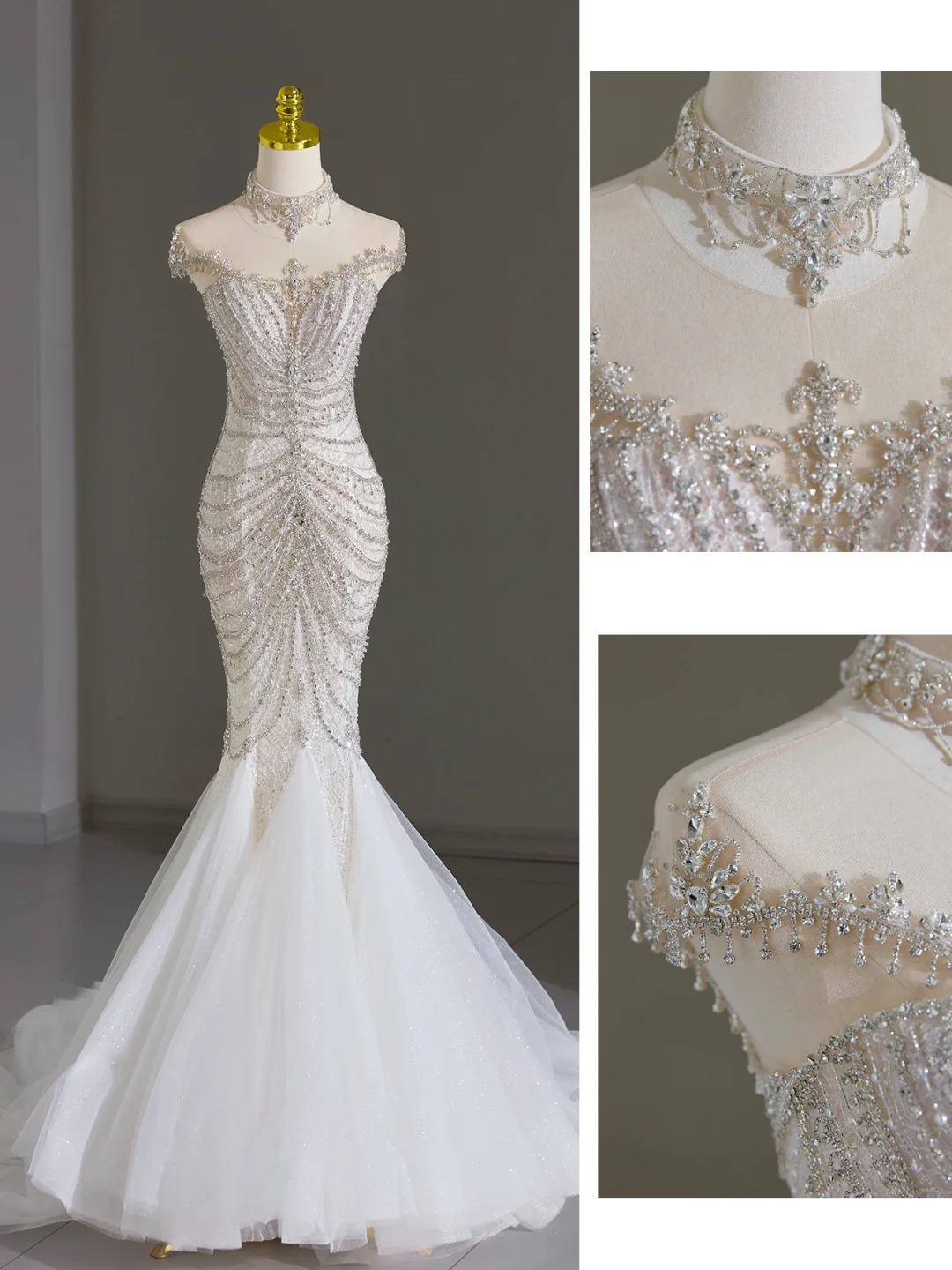 Vestido de novia modesto de corte sirena, escote redondo, mangas casquillo, tul, cuentas plateadas, largo blanco, elegante, DH1123