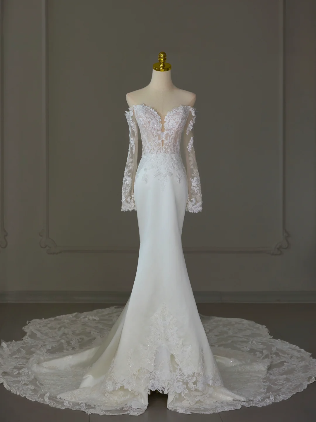 Vestido de novia modesto de corte sirena con hombros descubiertos, blanco, mangas largas, encaje satinado, elegante, DH1125