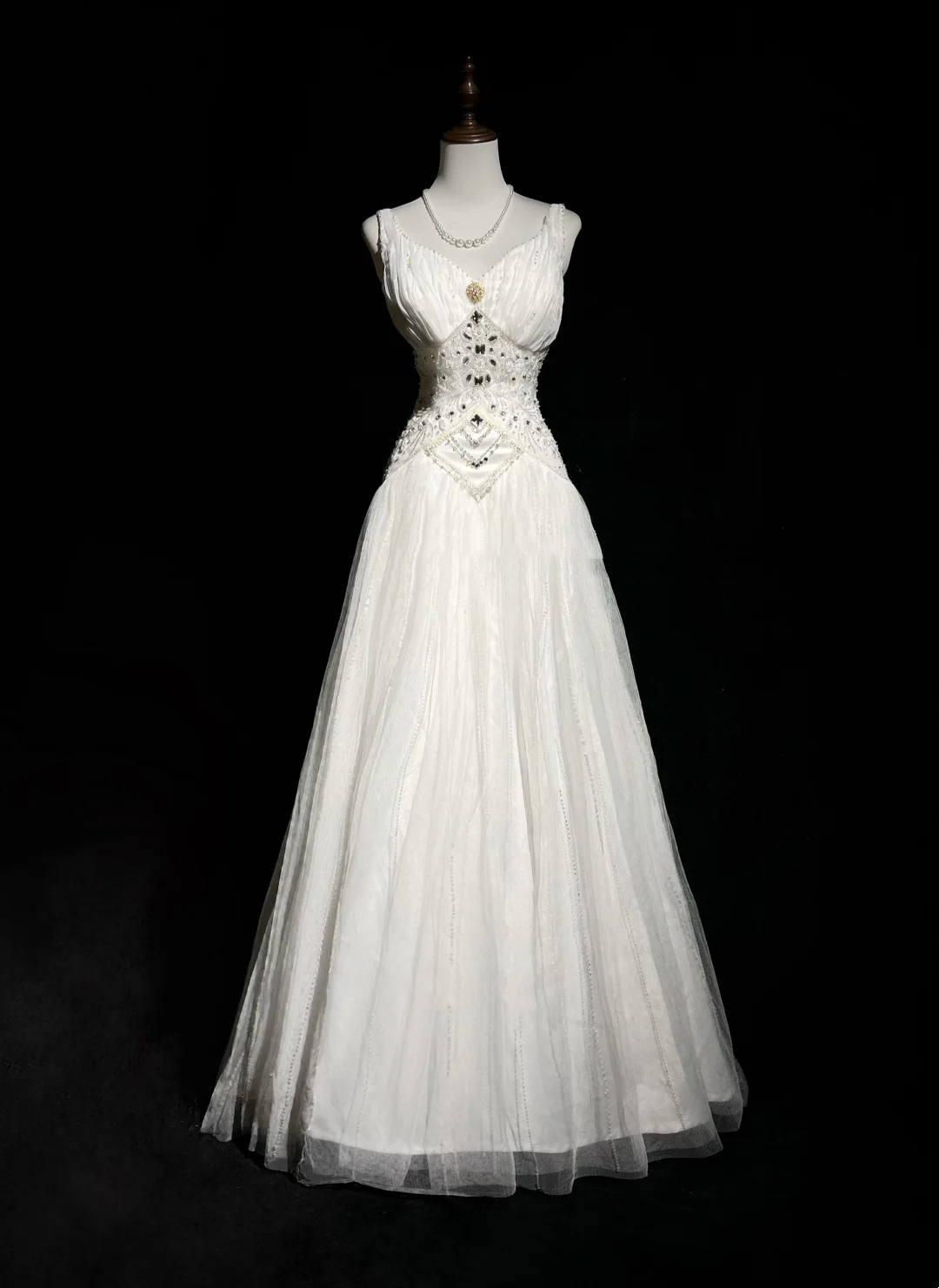 Vestido de novia único, corte A, escote en V, tul blanco, largo, años 90, estilo vintage, DH1256