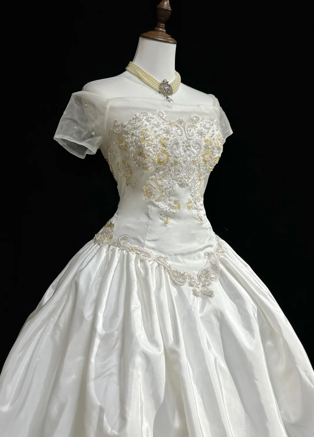 Vestido de novia único, de fiesta, con hombros descubiertos, blanco, de manga corta, de encaje, estilo vintage de los años 80, DH1258