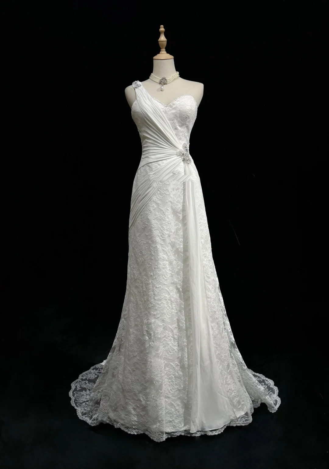 Vestido de novia único de corte sirena, de un solo hombro, de gasa blanca, con encaje y cuentas, estilo años 90, estilo vintage, DH1264