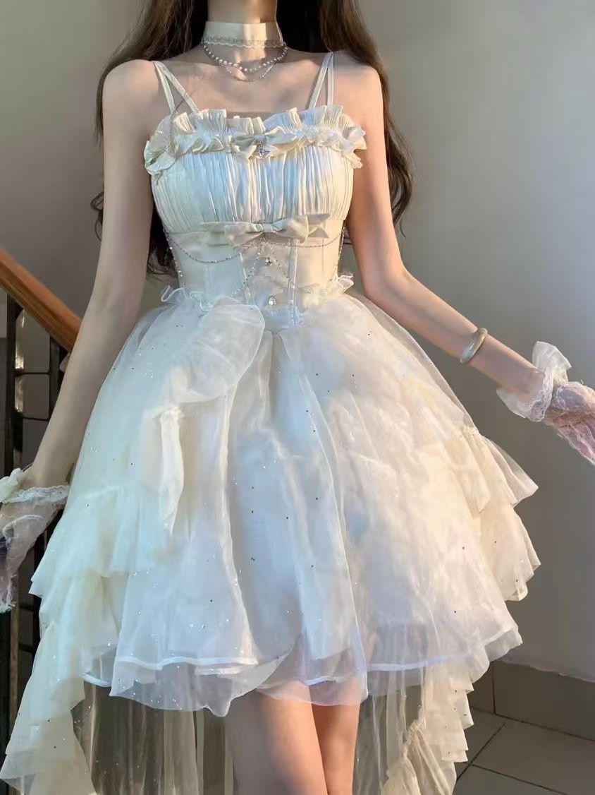 Vestido gótico de fiesta con tirantes finos de tul, corto, mini, formal, para octavo grado, cóctel, escuela secundaria, trajes Lolita DH1624