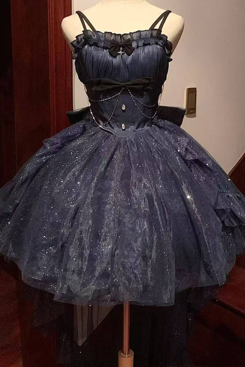 Cute French Style Ladies Fairy High Low Spaghetti Straps Tulle Navy Blue Gotica Formal 8th Grade Homecoming Dresses Lolita Dress Hoco Outfits Lolita Outfits DH1652
