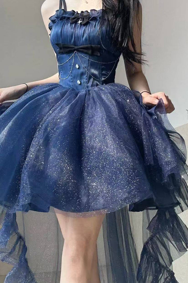 Cute French Style Ladies Fairy High Low Spaghetti Straps Tulle Navy Blue Gotica Formal 8th Grade Homecoming Dresses Lolita Dress Hoco Outfits Lolita Outfits DH1652