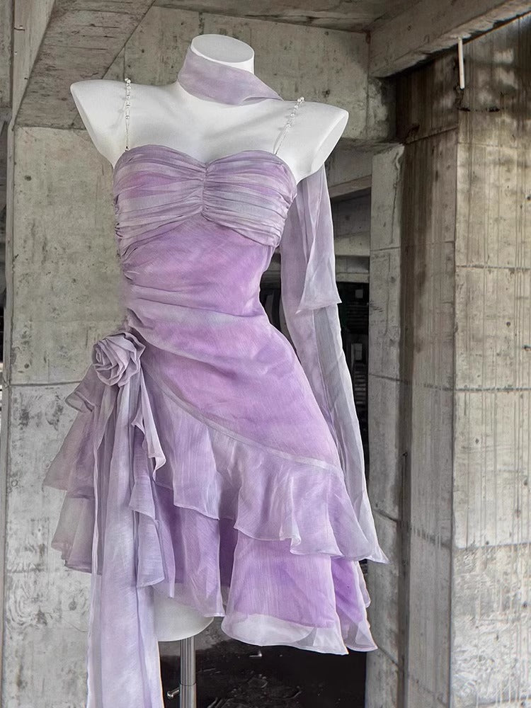 Vestido elegante de corte A con tirantes finos, de gasa lila, corto y mini, para fiesta de 8.º grado, para escuela secundaria, para cumpleaños número 16, DH1890