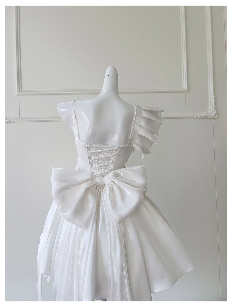 Cute A Line One Shoulder White Satin Short Mini Formal 8th Grade Homecoming Dresses High School Hoco Court Dress Graduation Dress Cocktail Outfits DH1898
