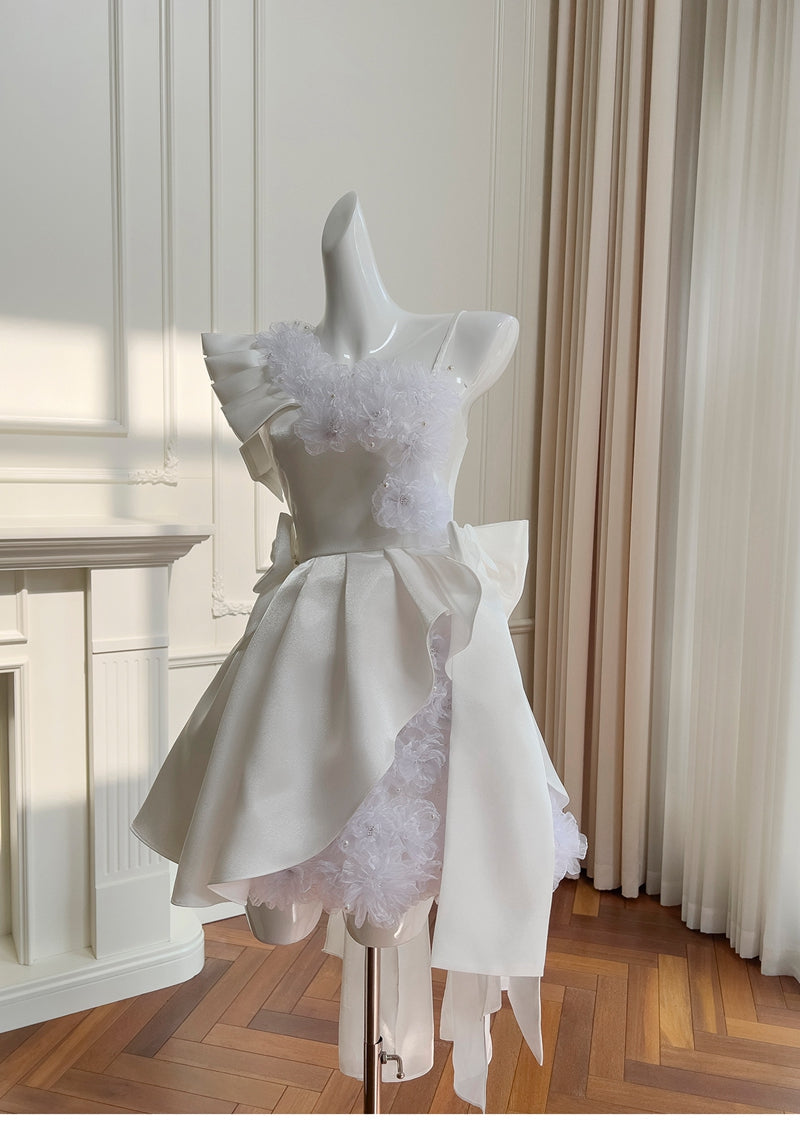 Cute A Line One Shoulder White Satin Short Mini Formal 8th Grade Homecoming Dresses High School Hoco Court Dress Graduation Dress Cocktail Outfits DH1898