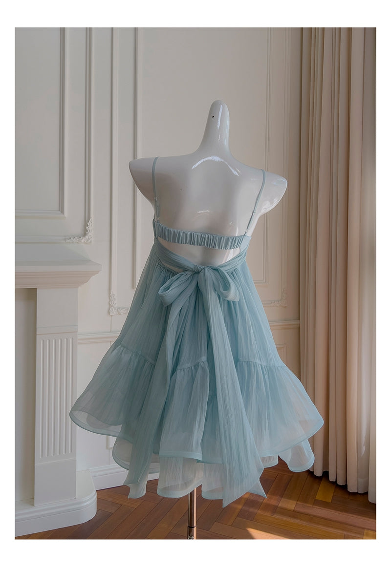 Simple A Line Spaghetti Straps Blue Open Backs Grad Dress Inspo Short Mini Formal 8th Grade Homecoming Dresses High School Hoco Court Dress Graduation Dress Hoco Outfits DH1905
