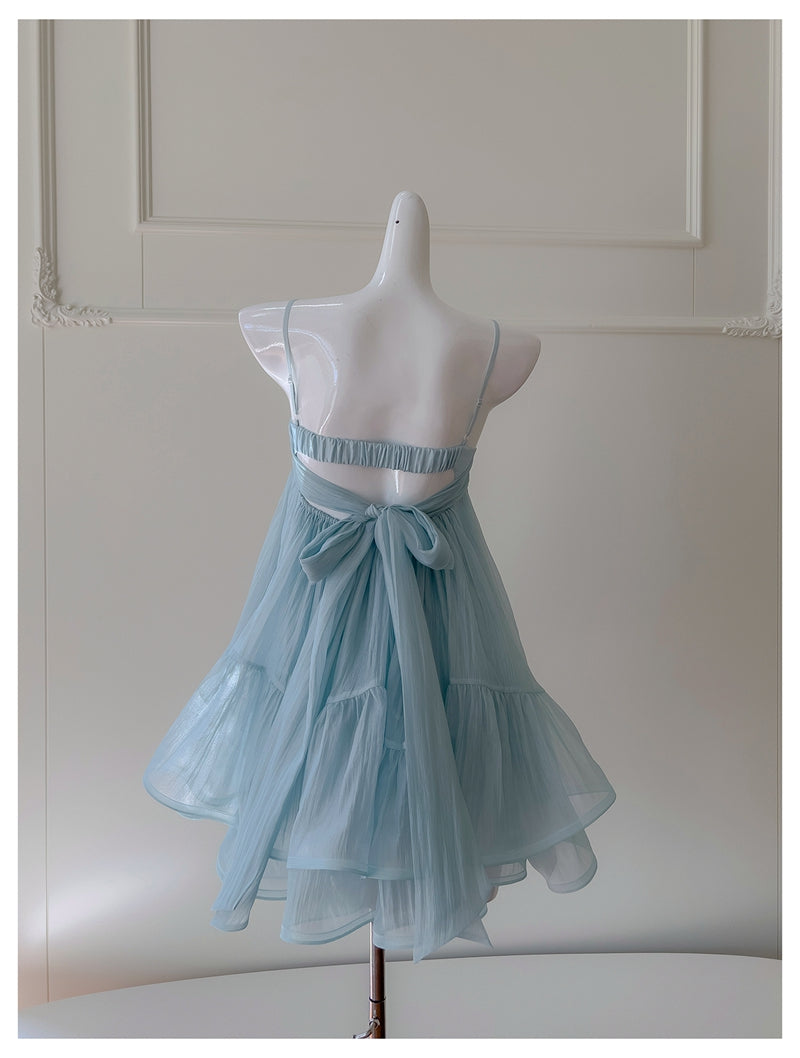 Pretty A Line Spaghetti Straps Blue Open Backs Grad Dress Inspo Short Mini Formal 8th Grade Homecoming Dresses High School Hoco Court Dress Graduation Dress Hoco Outfits D1905
