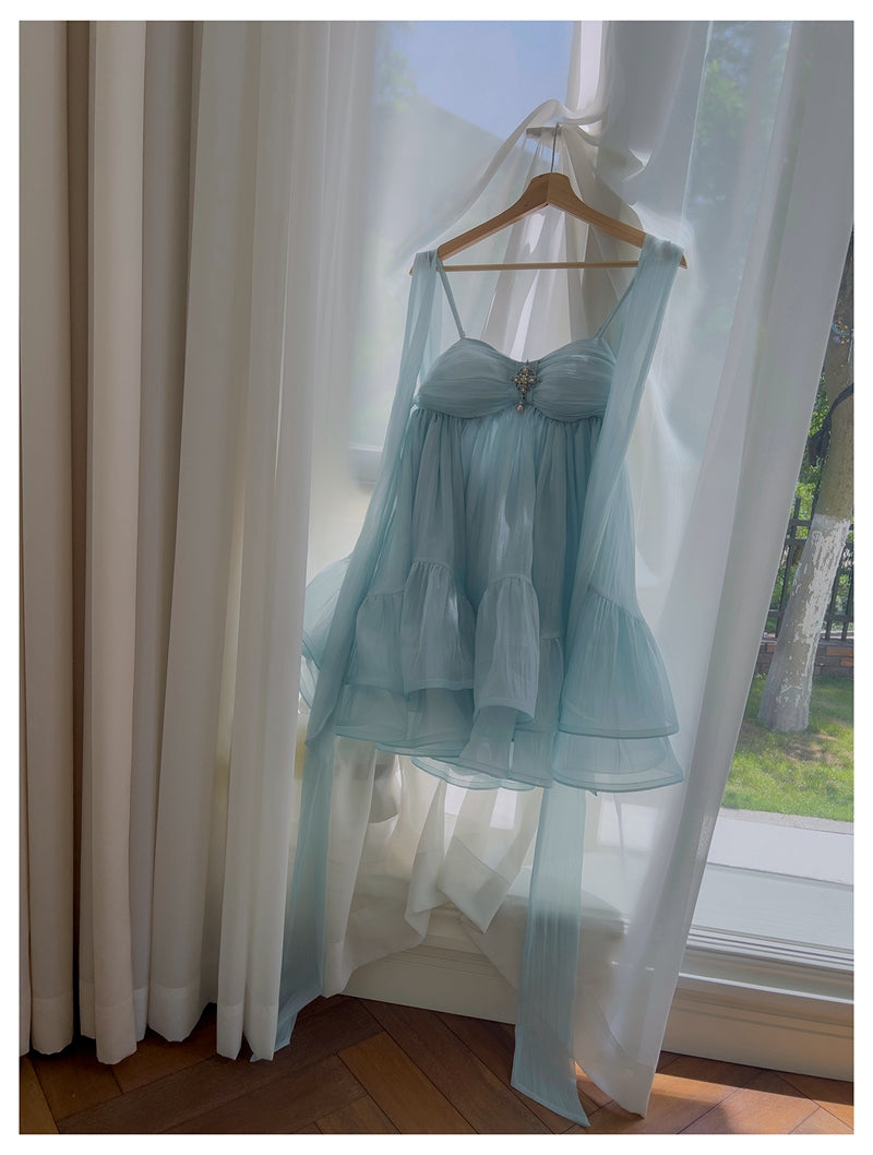 Simple A Line Spaghetti Straps Blue Open Backs Grad Dress Inspo Short Mini Formal 8th Grade Homecoming Dresses High School Hoco Court Dress Graduation Dress Hoco Outfits DH1905