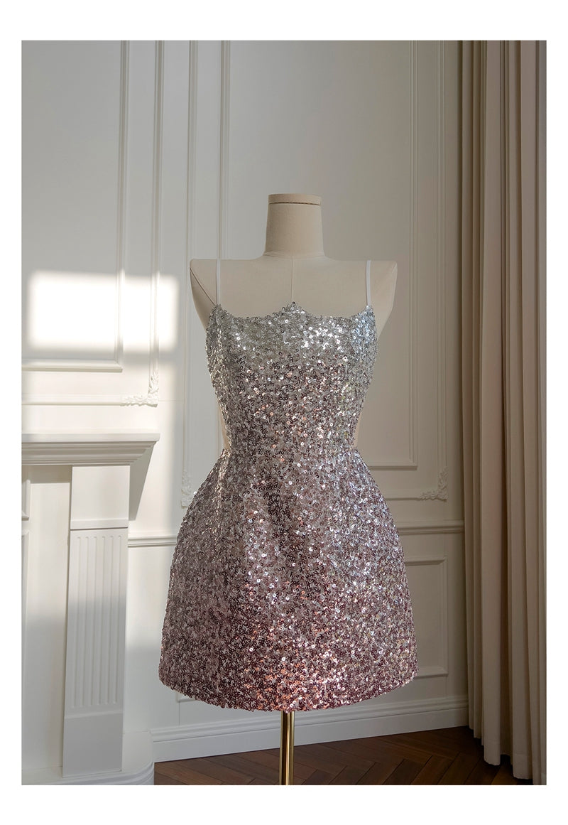 Cute A Line Spaghetti Straps Pink Sequin Grad Dress Inspo Formal 8th Grade Homecoming Dresses High School Hoco Court Dress Graduation Dress Hoco Outfits DH1908