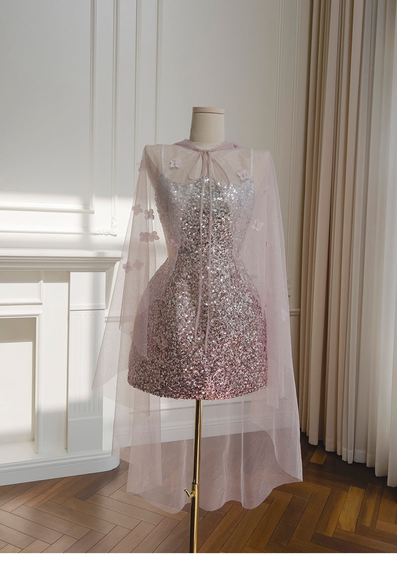 Cute A Line Spaghetti Straps Pink Sequin Grad Dress Inspo Formal 8th Grade Homecoming Dresses High School Hoco Court Dress Short Graduation Dress With Cape DH1909
