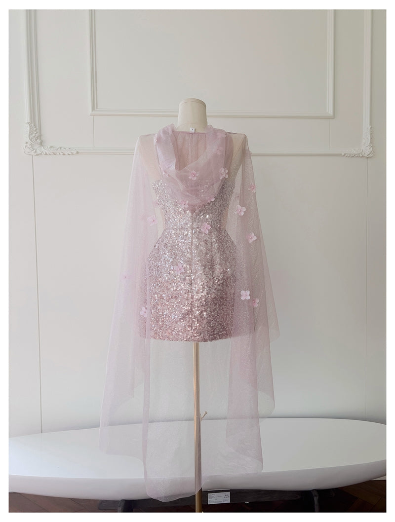Cute A Line Spaghetti Straps Pink Sequin Grad Dress Inspo Formal 8th Grade Homecoming Dresses High School Hoco Court Dress Short Graduation Dress With Cape DH1909