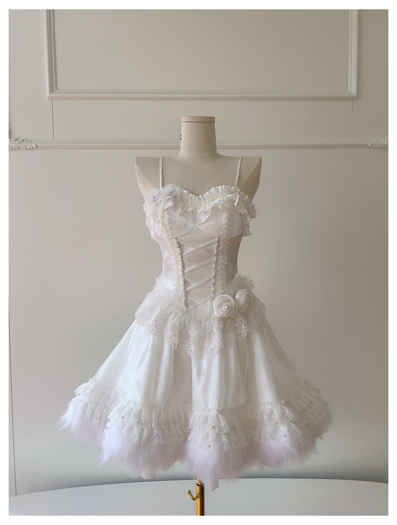 Pretty Ball Gown Spaghetti Straps Corset Back White Grad Dress Inspo Short Mini Formal 8th Grade Homecoming Dresses High School Hoco Court Dress Graduation Dress Hoco Outfits DH1912