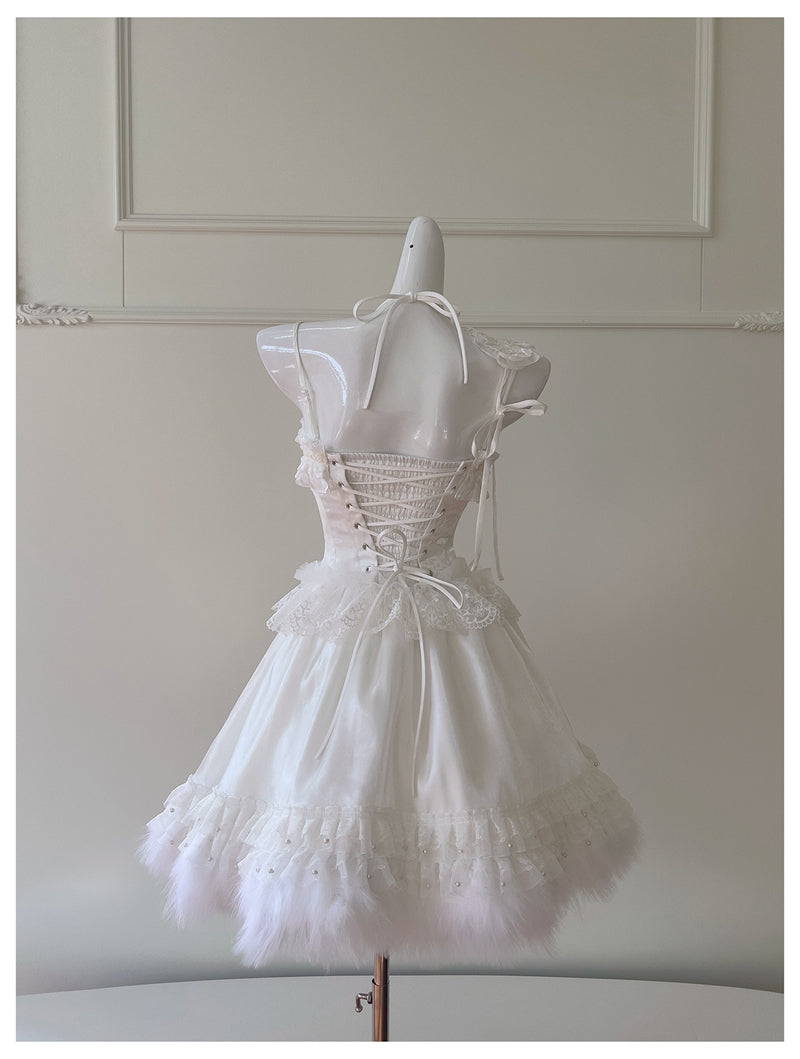 Pretty Ball Gown Spaghetti Straps Corset Back White Grad Dress Inspo Short Mini Formal 8th Grade Homecoming Dresses High School Hoco Court Dress Graduation Dress Hoco Outfits DH1912