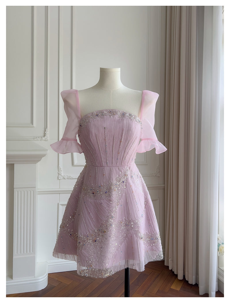 Vestido elegante de graduación con lentejuelas rosas y corte A, inspiración para vestidos de fiesta cortos y mini formales de octavo grado, vestido de fiesta de secundaria, vestido de graduación, vestido de cóctel, atuendos para 16.º cumpleaños DH1917