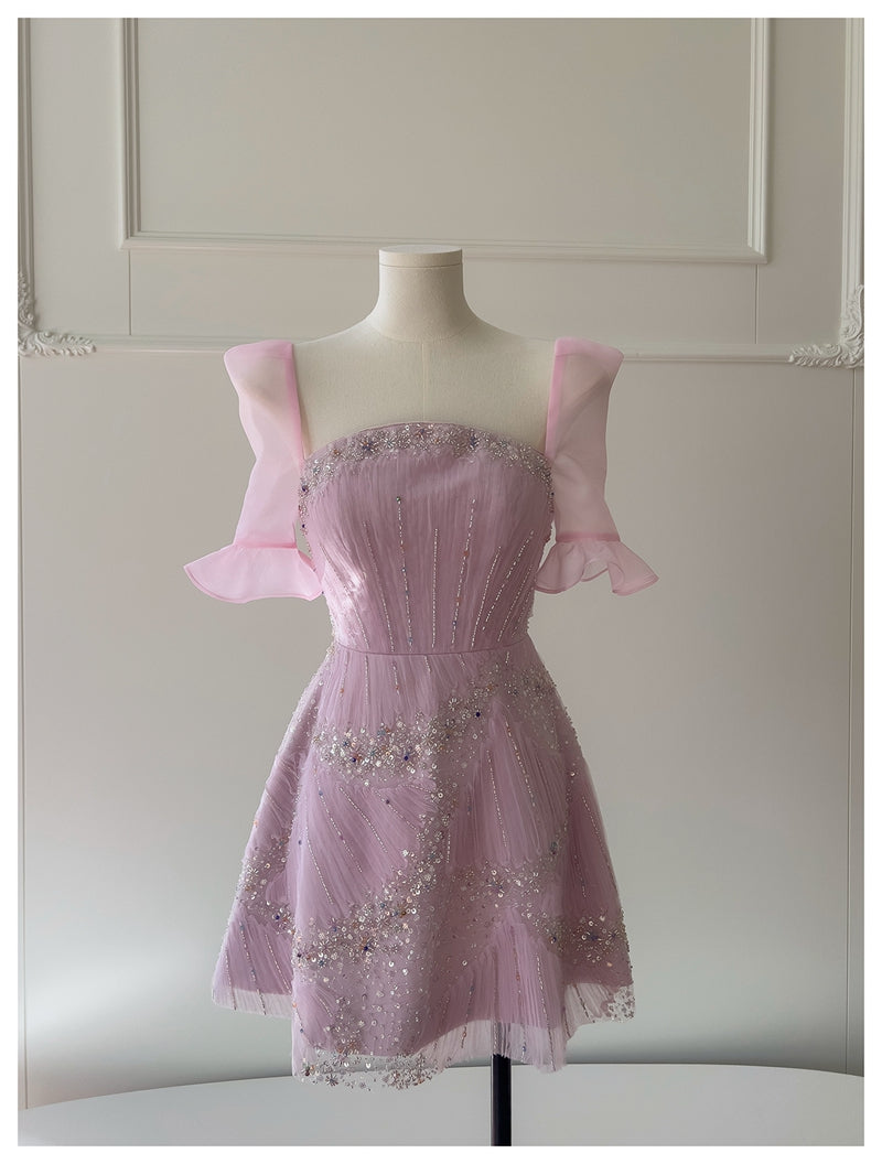 Vestido elegante de graduación con lentejuelas rosas y corte A, inspiración para vestidos de fiesta cortos y mini formales de octavo grado, vestido de fiesta de secundaria, vestido de graduación, vestido de cóctel, atuendos para 16.º cumpleaños DH1917