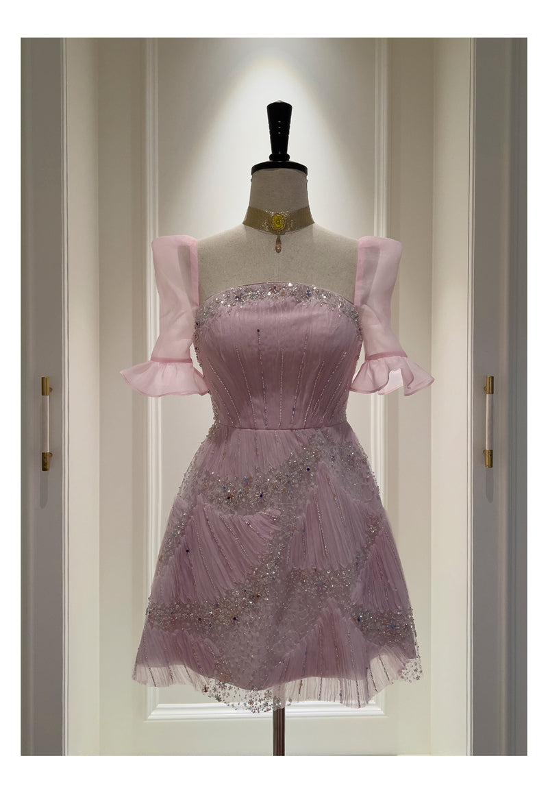 Vestido elegante de graduación con lentejuelas rosas y corte A, inspiración para vestidos de fiesta cortos y mini formales de octavo grado, vestido de fiesta de secundaria, vestido de graduación, vestido de cóctel, atuendos para 16.º cumpleaños DH1917