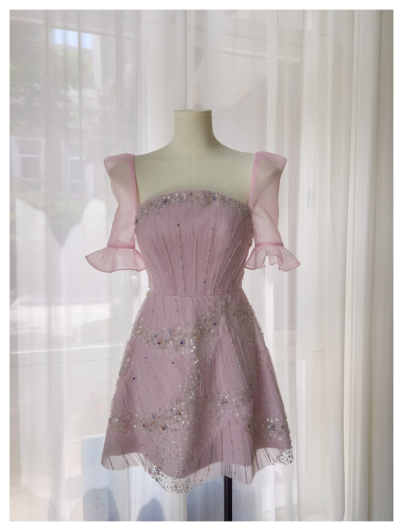 Vestido elegante de graduación con lentejuelas rosas y corte A, inspiración para vestidos de fiesta cortos y mini formales de octavo grado, vestido de fiesta de secundaria, vestido de graduación, vestido de cóctel, atuendos para 16.º cumpleaños DH1917