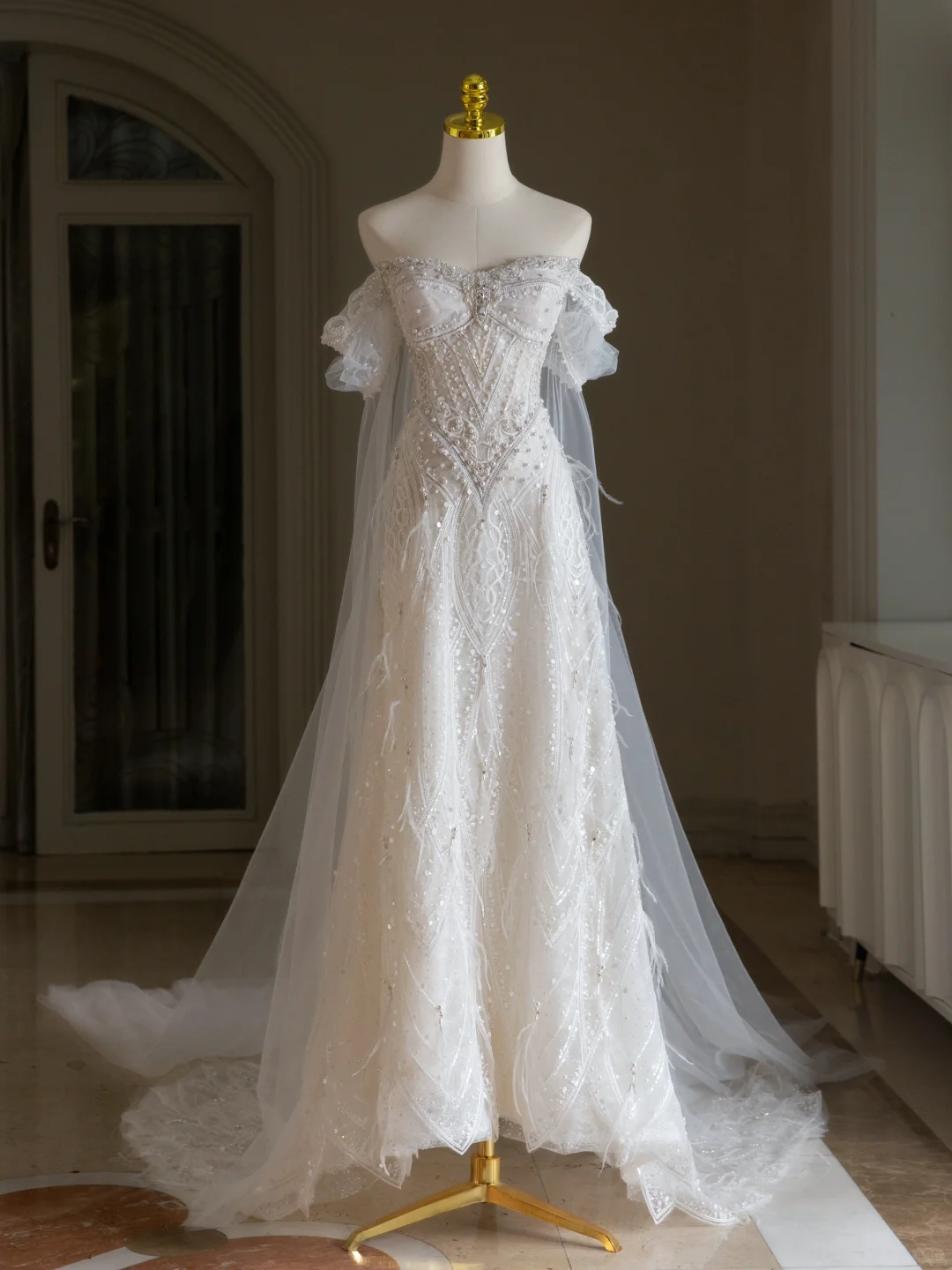 Vestido de novia único, corte A, hombros descubiertos, lentejuelas, manga corta, años 70, DH2073