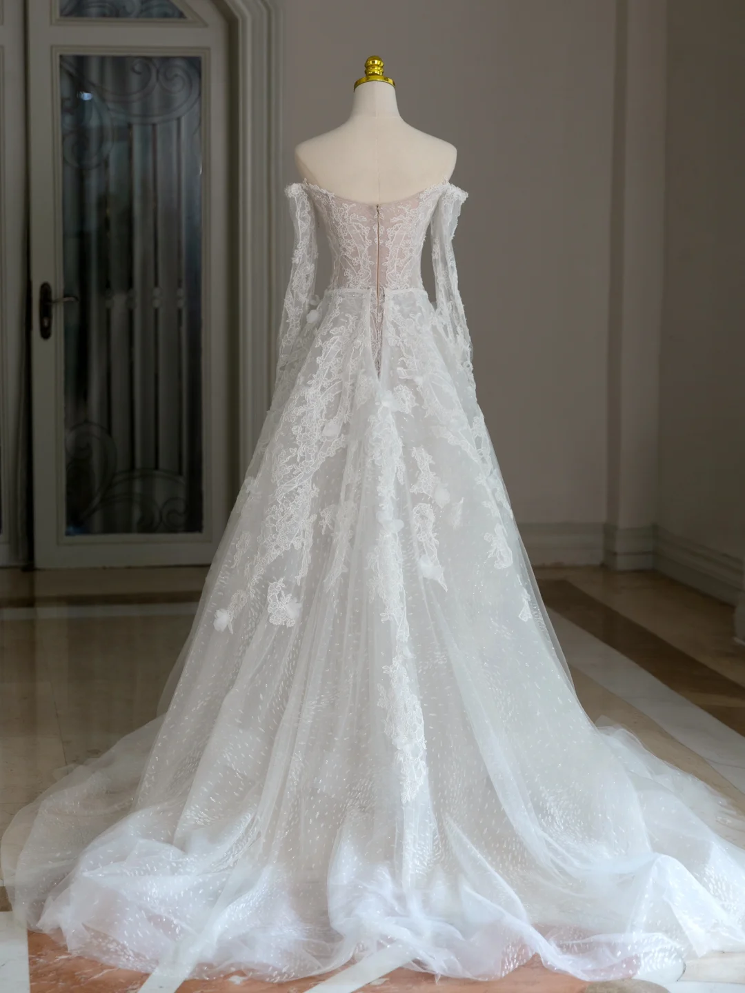 Vestido de novia único, corte A, hombros descubiertos, encaje, mangas largas, años 70, DH2077