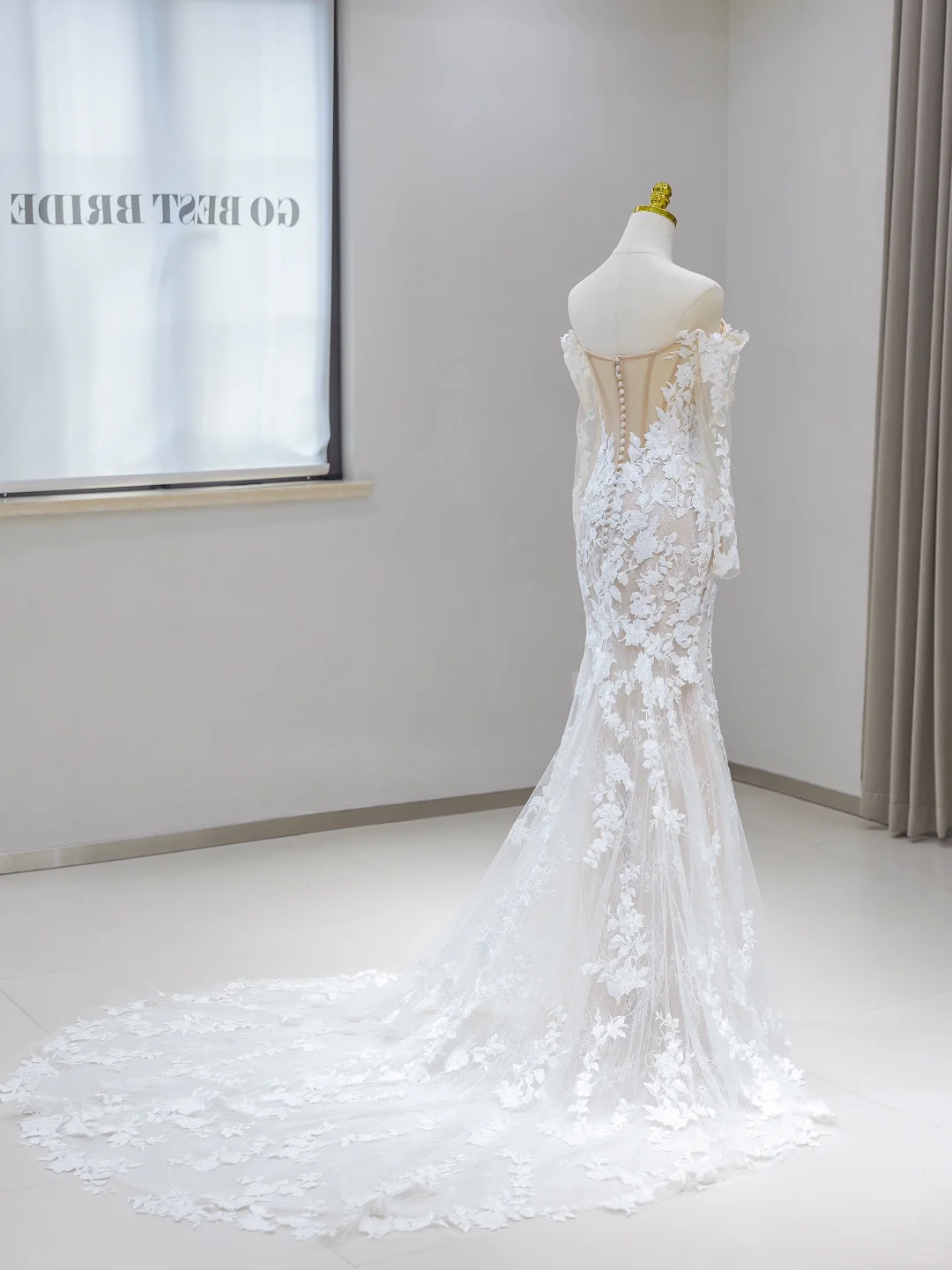Vestido de novia único de corte sirena con hombros descubiertos y encaje, mangas largas, años 70, DH2080