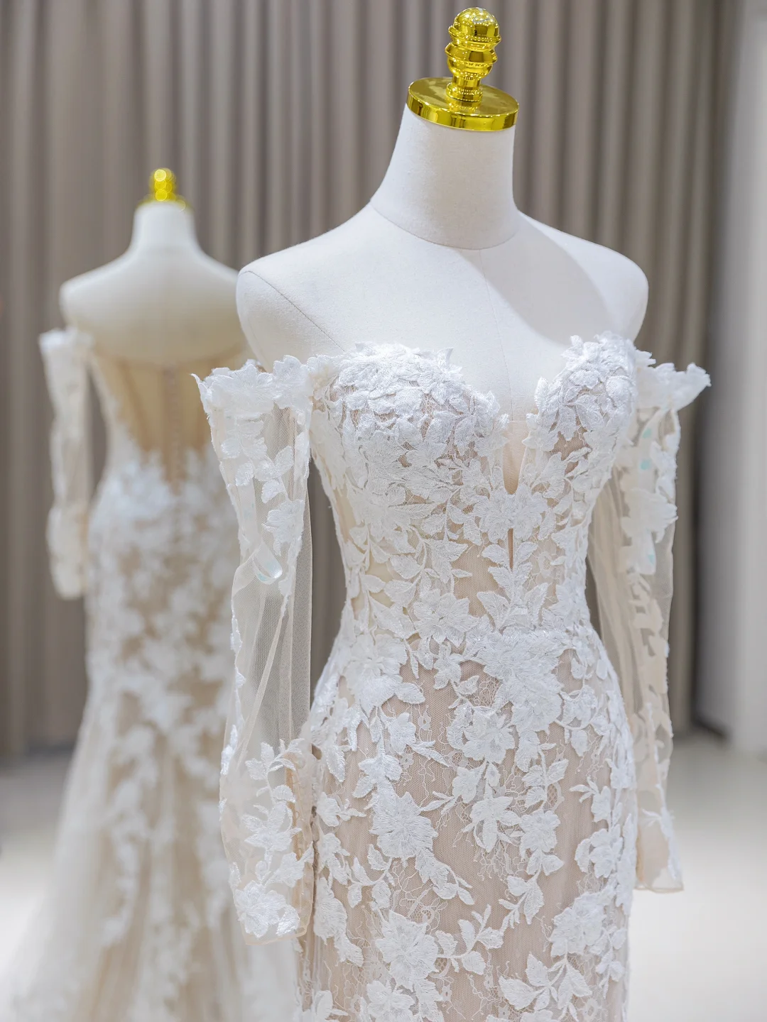 Vestido de novia único de corte sirena con hombros descubiertos y encaje, mangas largas, años 70, DH2080