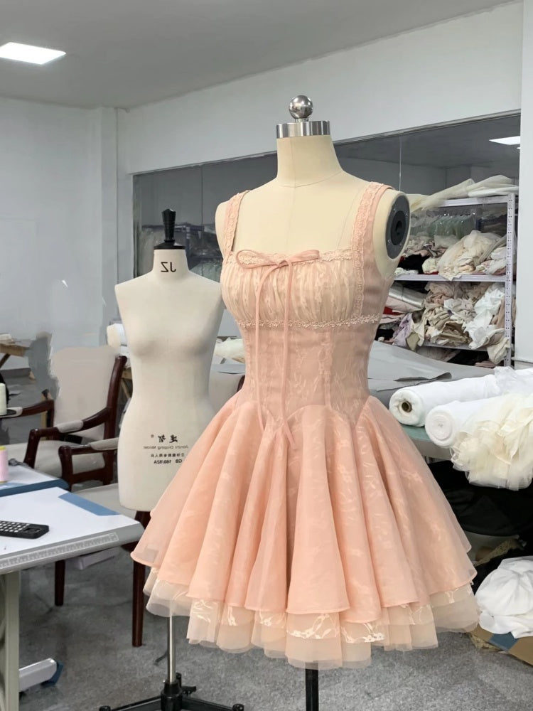 Vestido de fiesta corto rosa con escote cuadrado y encaje, para octavo grado, de cóctel y escuela secundaria, DH2083